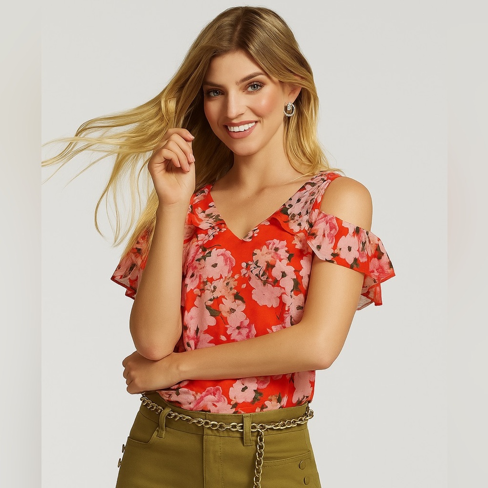 Cabi Floral cold shoulder blouse top orange red size medium